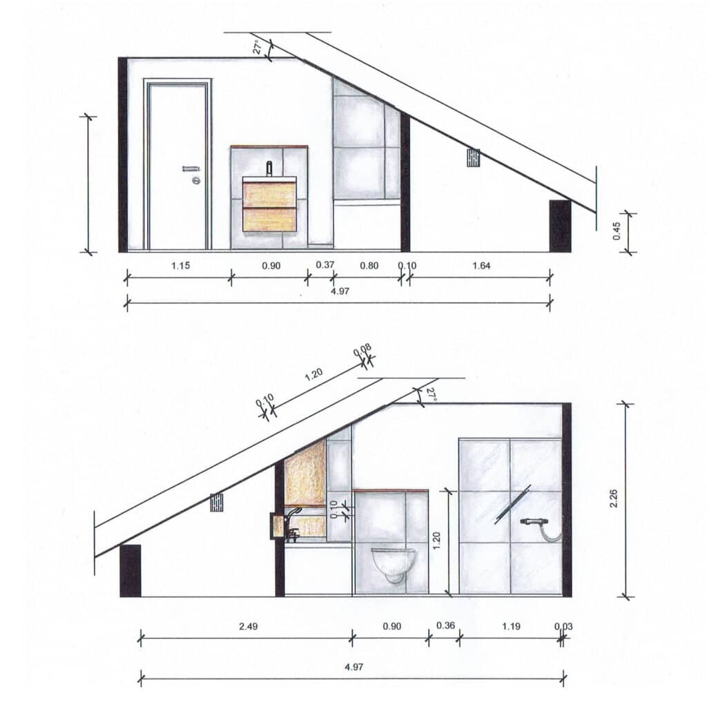 Seitenansicht Badezimmer mit Dachschräge